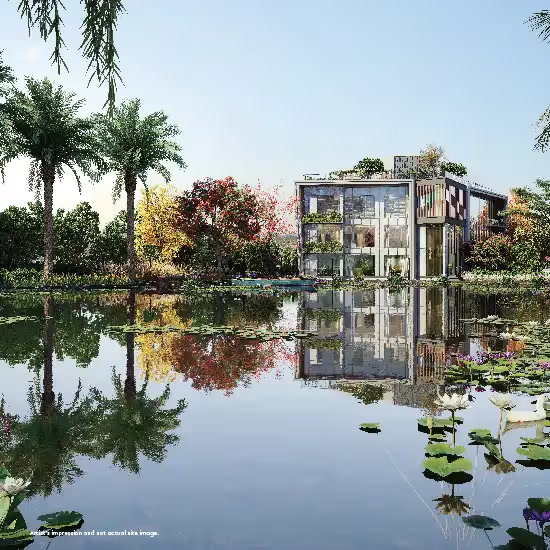 Lily pond and glass pavilion at Blue