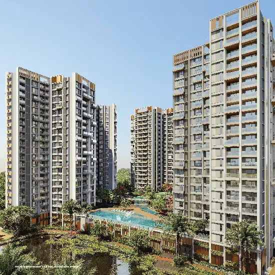 Blue towers with pool deck and lake