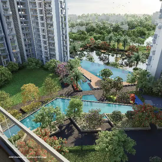 Aerial view of pools and landscaped greens