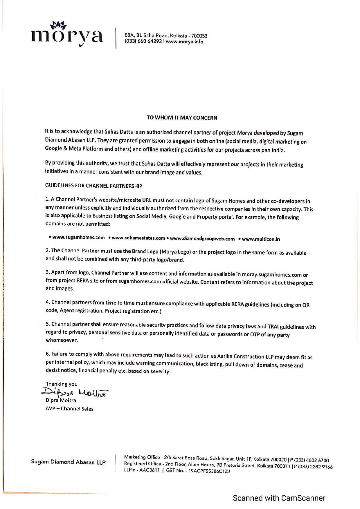 Channel Partner Authorisation Letter from Sugam Homes