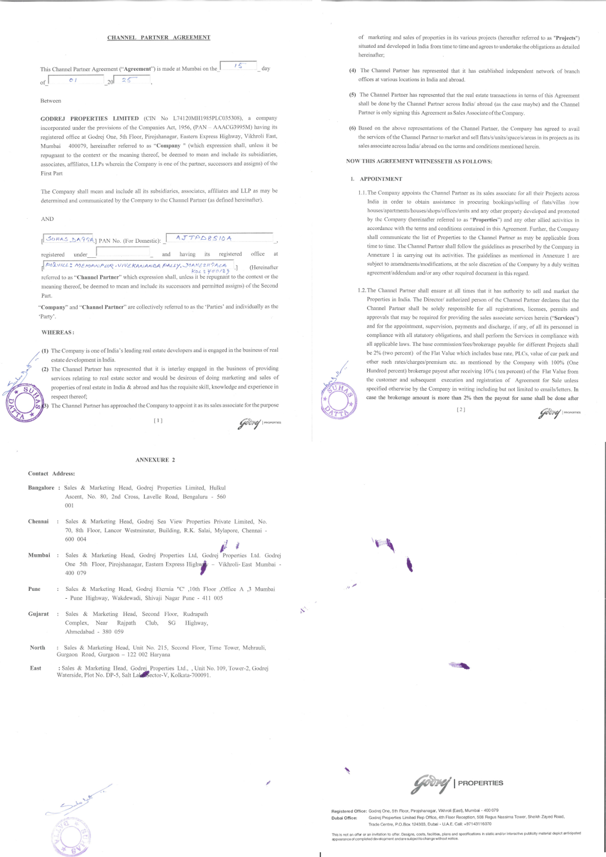 Channel Partner Agreement between Godrej Properties and Suhas Datta